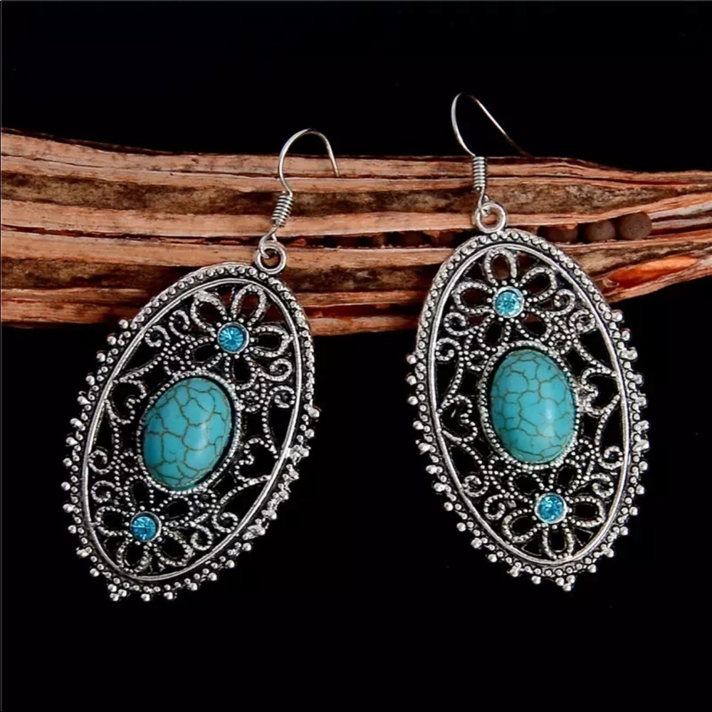 NEW Turquoise Earrings Boho Ethnic Tibetan Silver Dangle